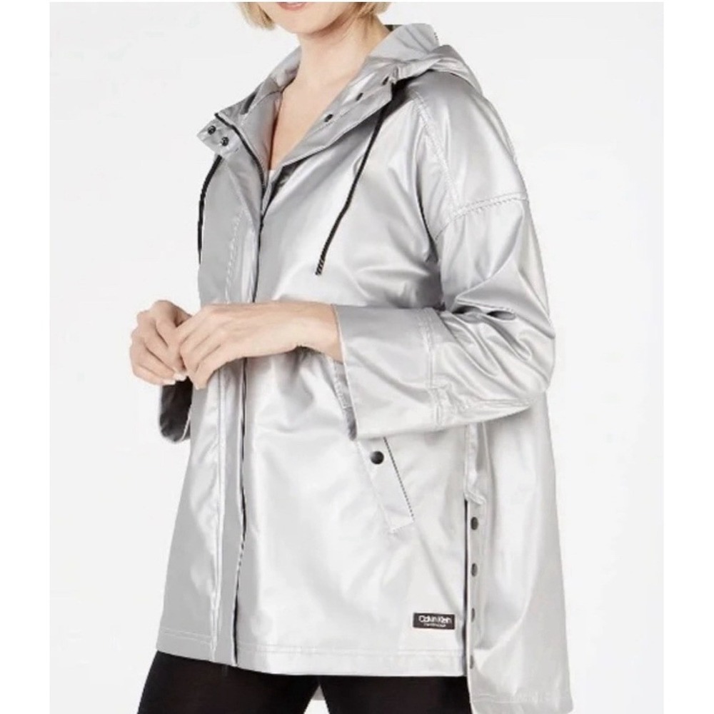 Calvin Klein Snap-Side High-Low Hem Rain Jacket Reflective Silver Sz-2X $129‎